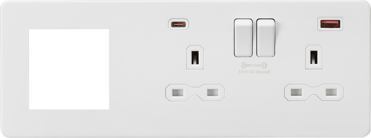 Knightsbridge | SFR992RMW | 13A 2G DP Socket +2G Modular + Dual USB A+C 12V DC 1.5A (Max. 18W) | Matt White with White Insert 1 Knightsbridge SFR992RMW USB Socket