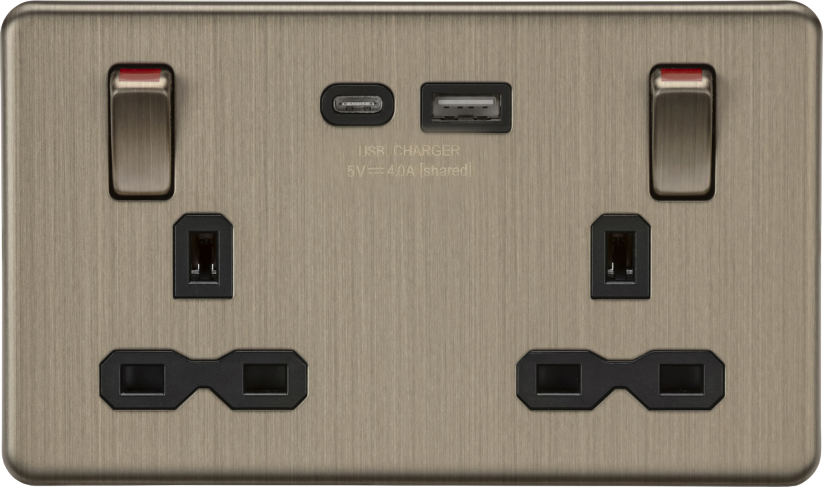 Knightsbridge | SFR9941AB | 13A 2G DP Socket Dual USB A+C Metal Outboard Rockers with Red Flash | Antique Brass with Black Insert 1 Knightsbridge SFR9941AB USB Outboard Socket