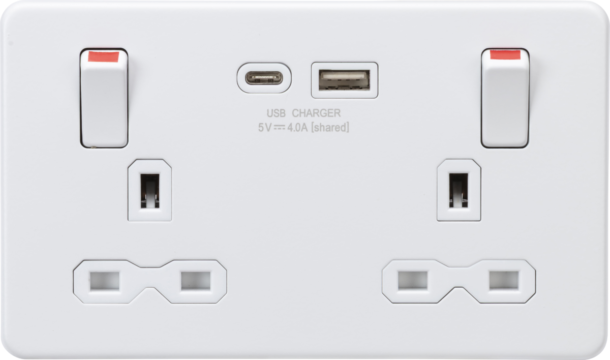 Knightsbridge | SFR9941MW | 13A 2G DP Socket Dual USB A+C Metal Outboard Rockers with Red Flash | Matt White with White Insert 1 Knightsbridge SFR9941MW USB Socket