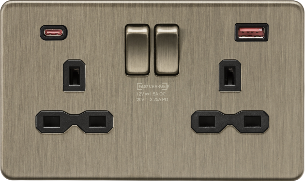 Knightsbridge | SFR9945AB | 13A 2G DP Switched Socket with Dual USB A+C 20V DC 2.25A (Max. 45W) | Antique Brass 1 Knightsbridge SFR9945AB 45W USB Socket