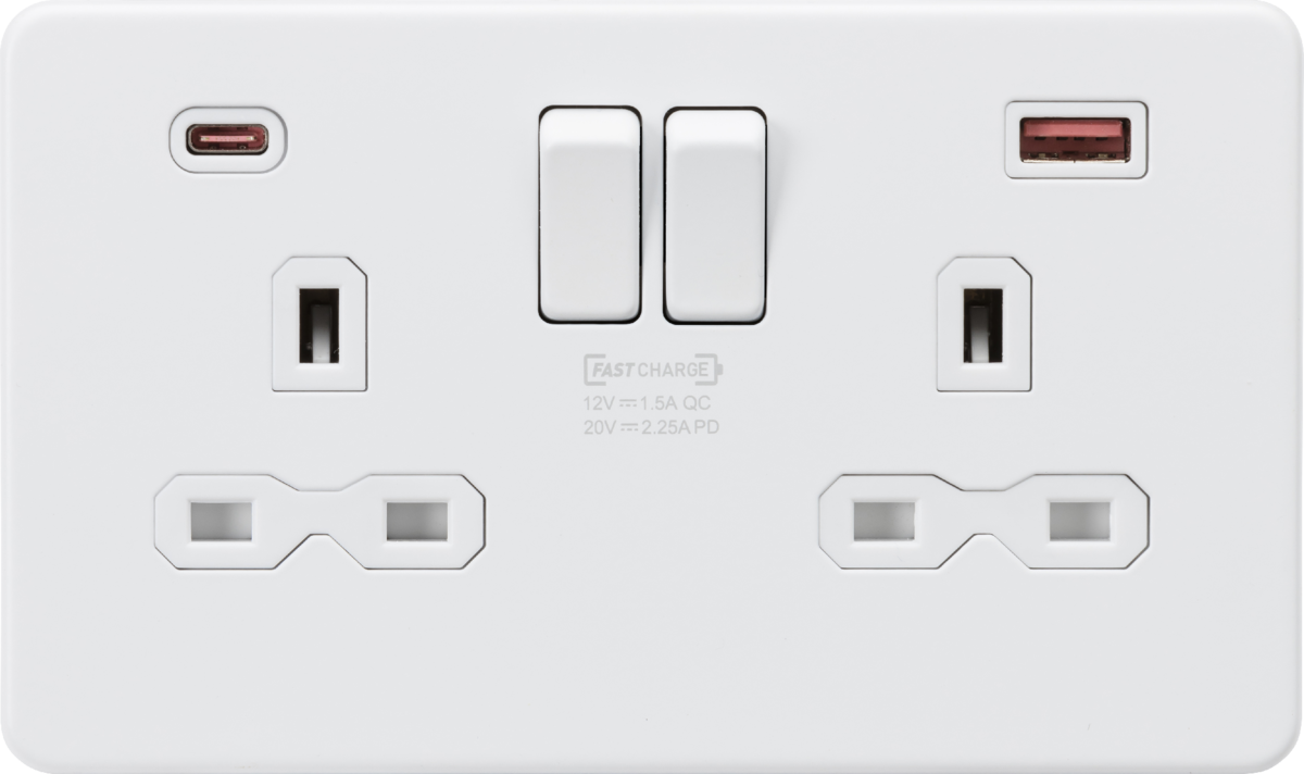 Knightsbridge | SFR9945MW | 13A 2G DP Switched Socket with Dual USB A+C 20V DC 2.25A (Max. 45W) | Matt White with White Insert 1 Knightsbridge SFR9945MW USB Socket
