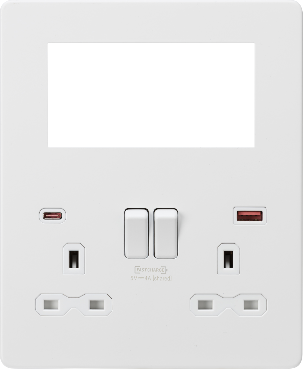 Knightsbridge | SFR994MW | Small Multimedia Combo Plate + Dual USB A+C 12V DC 1.5A (Max. 18W) | Matt White with White Insert 1 Knightsbridge SFR994MW USB Plate