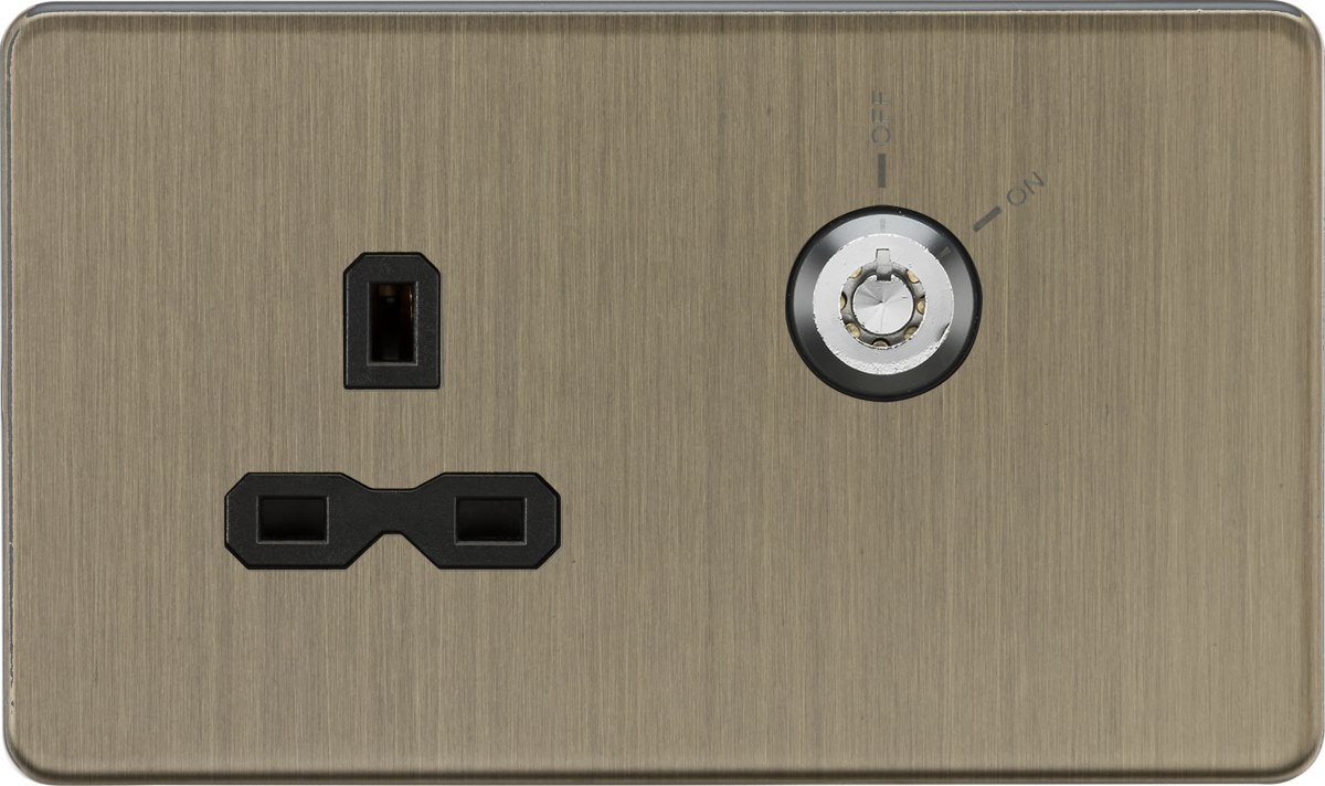 Knightsbridge | SFR9LOCKAB | 13A 1G DP Lockable Socket | Antique Brass with Black Insert 1 Knightsbridge SFR9LOCKAB Lockable Socket