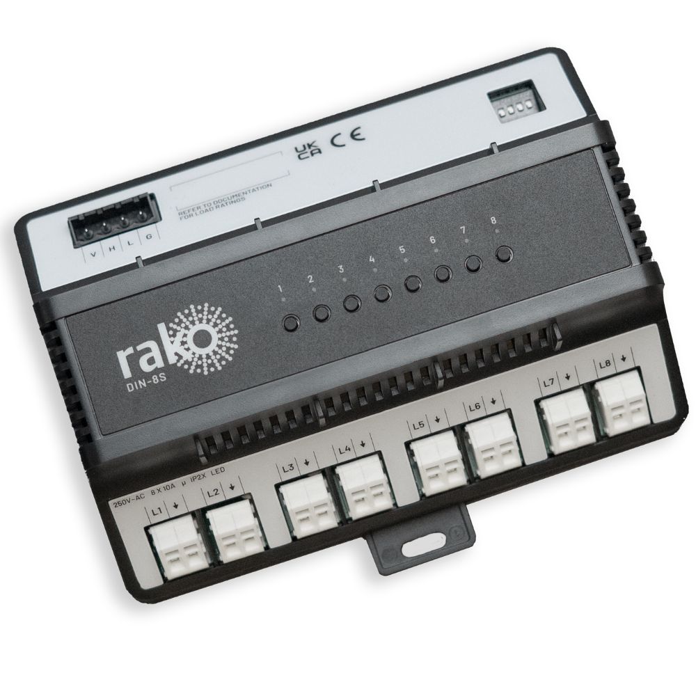 Rako | DIN-8S | 8 Channel Switching Module | DIN Rail Mounted 1 RAKO DIN-8S 8 Channel Switching Module