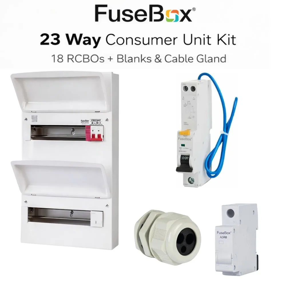 FuseBox | F3023MZ | 23 Way Consumer Unit Kit | 18 RCBOs | 5 Blanks | Gland 1 FuseBox 23 Way Consumer Unit Kit with 18 RCBOs