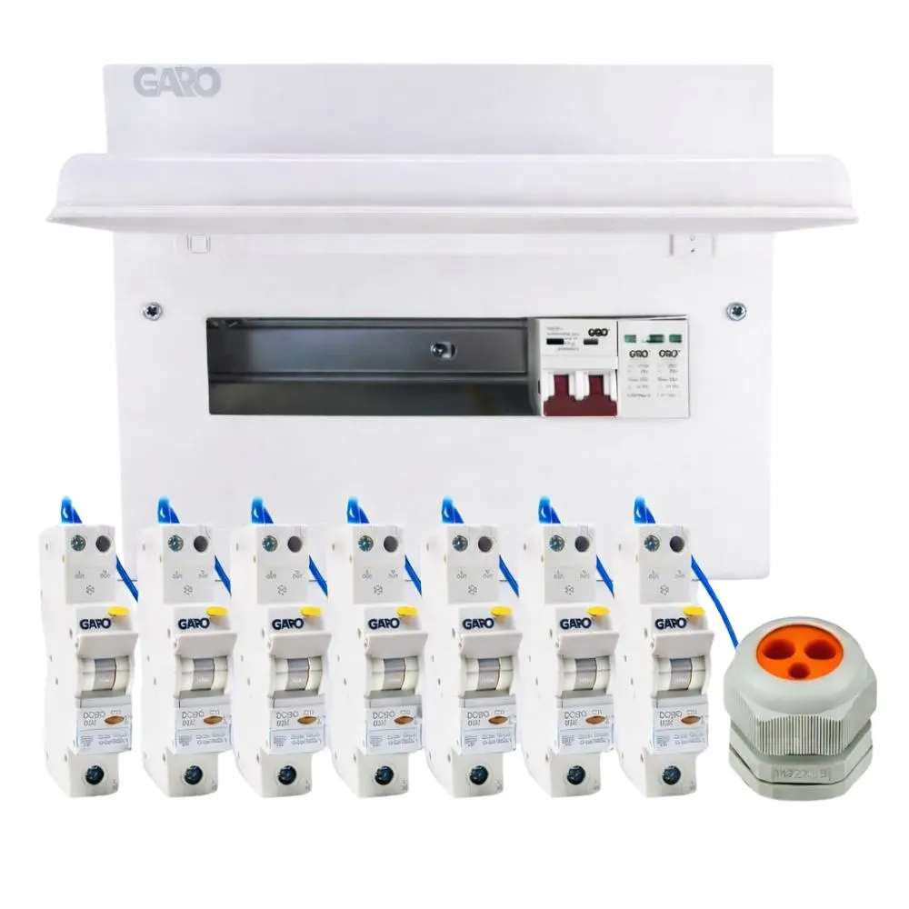 Garo SPD Consumer Unit Kit | 9 Usable Ways | 7 Type A RCBOs | Meter Tails Gland 1 Garo 9 Way SPD Consumer Unit Kit