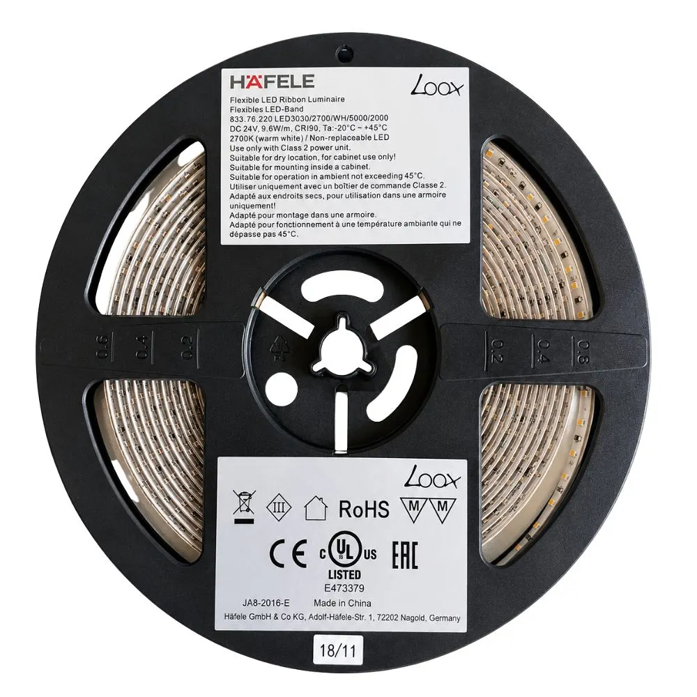 Hafele | 833.76.220 | Loox LED 3030 Silicone Strip Light | IP20 24V 2700K 9.6W/m | 5m 2 Hafele | 833.76.220 | Loox LED 3030 Silicone Strip Light | IP20 24V 2700K 9.6W/m | 5m