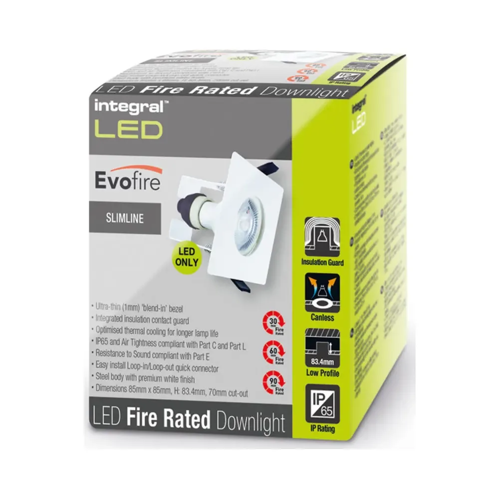 Integral ILDLFR70D009 Evofire Fire Rated IP65 White LED GU10 Square Downlight 4 Integral ILDLFR70D009 Evofire Fire Rated IP65 White LED GU10 Square Downlight 4