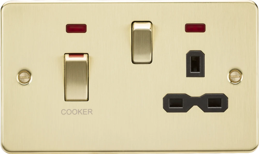 Knightsbridge | FPR83MNBB | 45A DP Switch & 13A Socket with Neons | Brushed Brass with Black Insert 1 Knightsbridge FPR83MNBB 45A Switch Socket