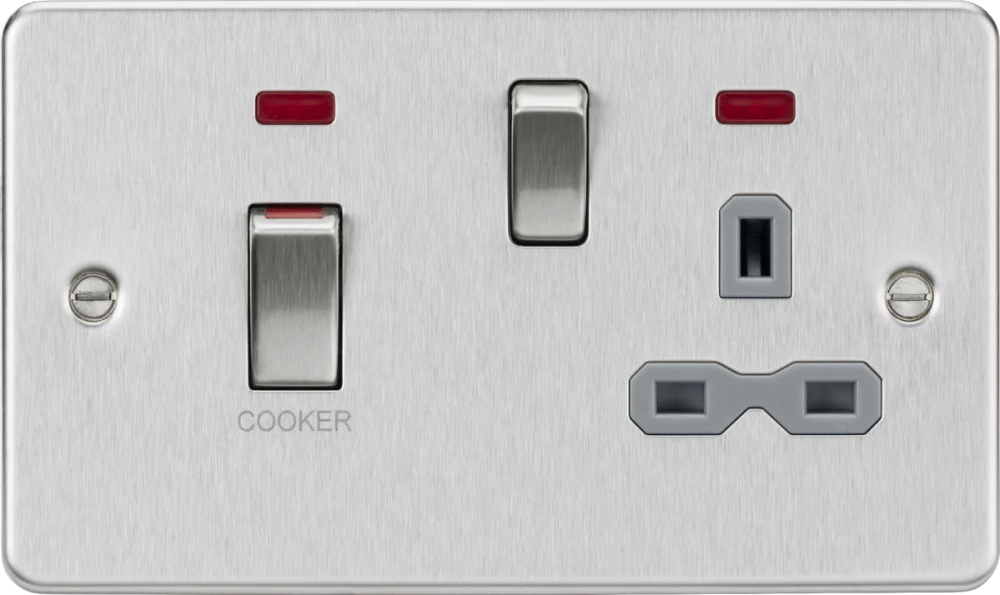 Knightsbridge | FPR83MNBCG | 45A DP Switch & 13A Socket with Neons | Brushed Chrome | Grey Insert 1 Knightsbridge FPR83MNBCG Cooker Switch