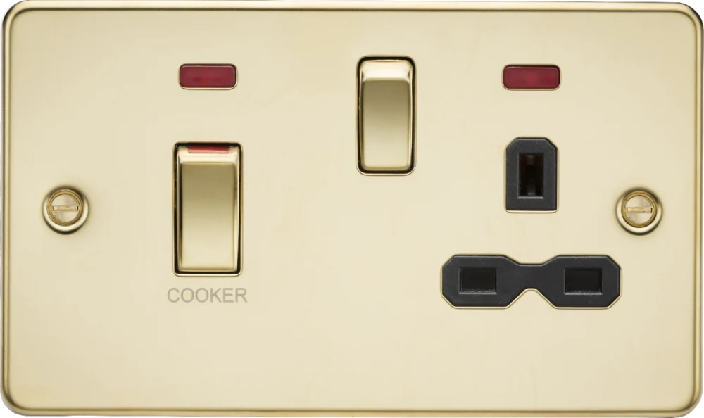 Knightsbridge | FPR83MNPB | 45A DP Switch & 13A Socket with Neons | Polished Brass with Black Insert 1 Knightsbridge FPR83MNPB Cooker Switch Socket