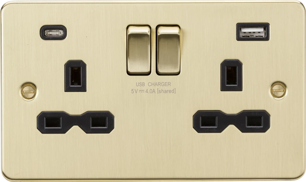 Knightsbridge | FPR9940BB | 13A 2G SP Switched Socket with Dual USB A+C (5V DC 4.0A shared) | Brushed Brass with Black Insert 1 Knightsbridge FPR9940BB USB Socket