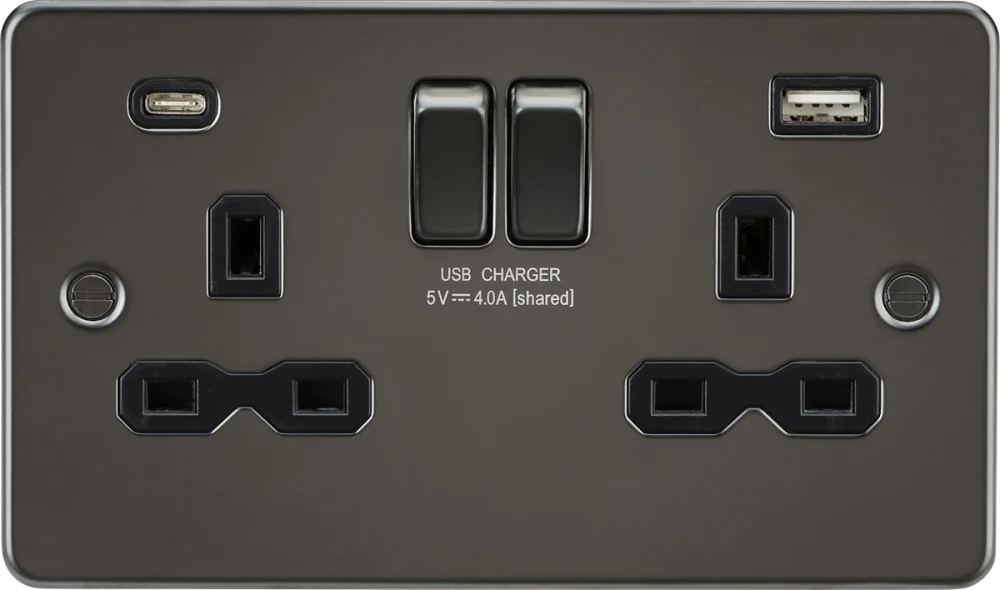 Knightsbridge | FPR9940GM | 13A 2G SP Switched Socket with Dual USB A+C (5V DC 4.0A shared) | Gunmetal with Black Insert 1 Knightsbridge FPR9940GM USB Socket