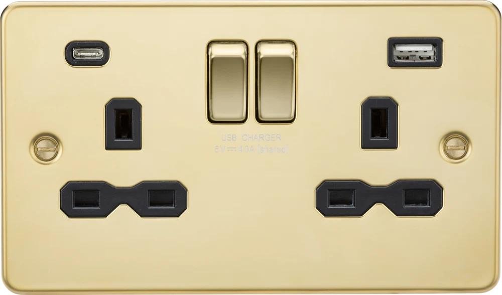Knightsbridge | FPR9940PB | 13A 2G SP Switched Socket with Dual USB A+C (5V DC 4.0A shared) | Polished Brass with Black Insert 1 Knightsbridge FPR9940PB USB Socket