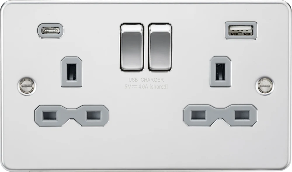 Knightsbridge | FPR9940PCG | 13A 2G SP Switched Socket with Dual USB A+C | Polished Chrome | Grey Insert 1 Knightsbridge FPR9940PCG USB Socket