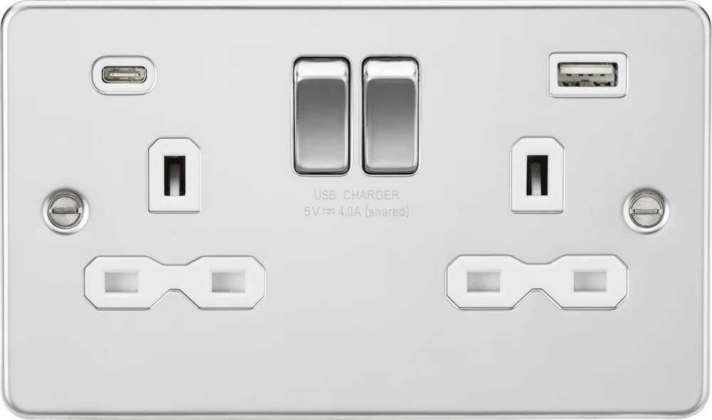 Knightsbridge | FPR9940PCW | 13A 2G SP Switched Socket with Dual USB A+C | Polished Chrome | White Insert 1 Knightsbridge FPR9940PCW USB Socket