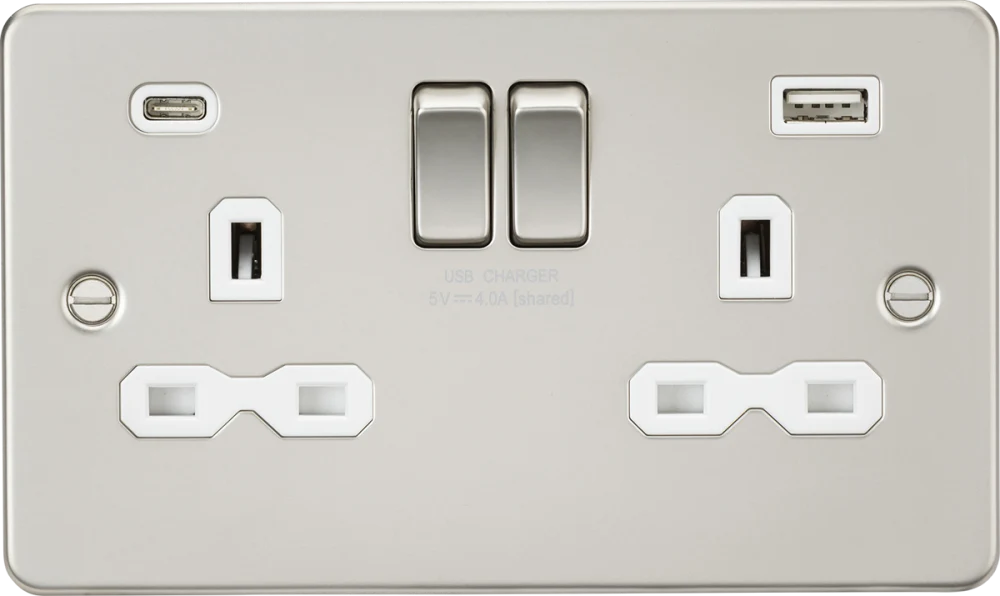 Knightsbridge | FPR9940PLW | 13A 2G SP Switched Socket with Dual USB A+C (5V DC 4.0A shared) | Pearl with White Insert 1 Knightsbridge FPR9940PLW USB Socket