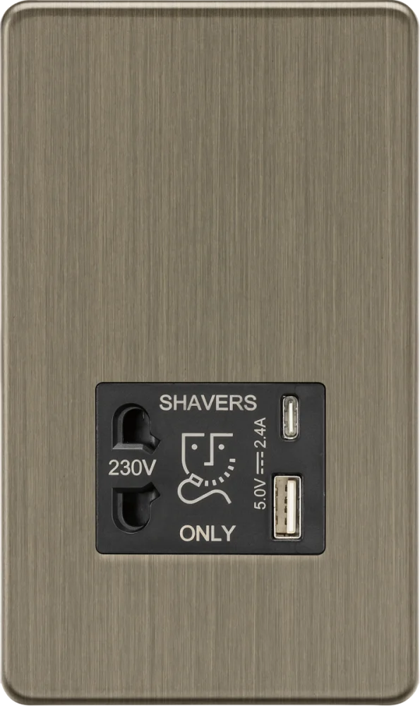 Knightsbridge | SF8909AB | Shaver socket with dual USB A+C (5V DC 2.4A shared) | Antique Brass 1 Knightsbridge SF8909AB Shaver USB Socket