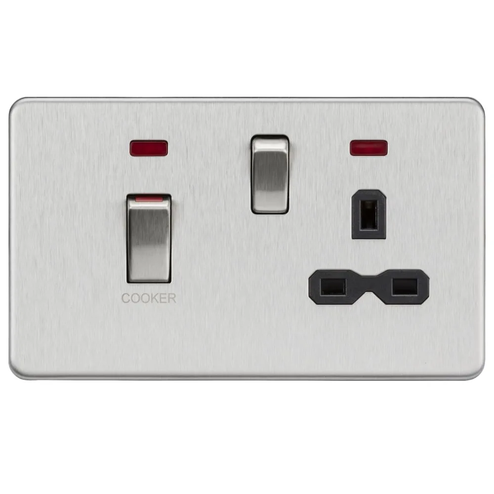 Knightsbridge | SFR83MNBC | 45A DP Switch & 13A Socket with Neons | Brushed Chrome | Black Insert 1 Knightsbridge SFR83MNBC Cooker Switch Socket