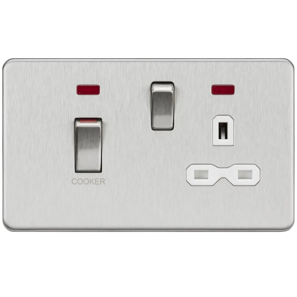 Knightsbridge | SFR83MNBCW | 45A DP Switch & 13A Socket with Neons | Brushed Chrome | White Insert 1 Knightsbridge SFR83MNBCW Cooker Switch Socket
