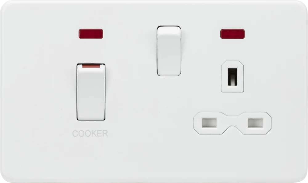 Knightsbridge | SFR83MNMW | 45A DP Switch & 13A Socket with Neons | Matt White with White insert 1 Knightsbridge SFR83MNMW Socket