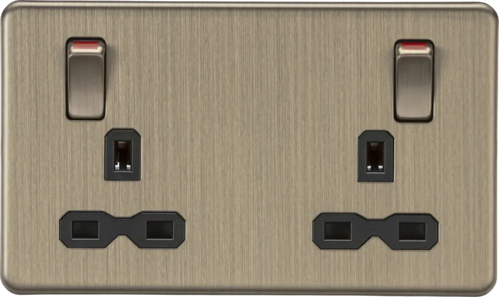 Knightsbridge | SFR9001AB | 13A 2G DP Switched Socket Metal Outboard Rockers with Red Flash | Antique Brass with Black Insert 1 Knightsbridge SFR9001AB Outboard Socket