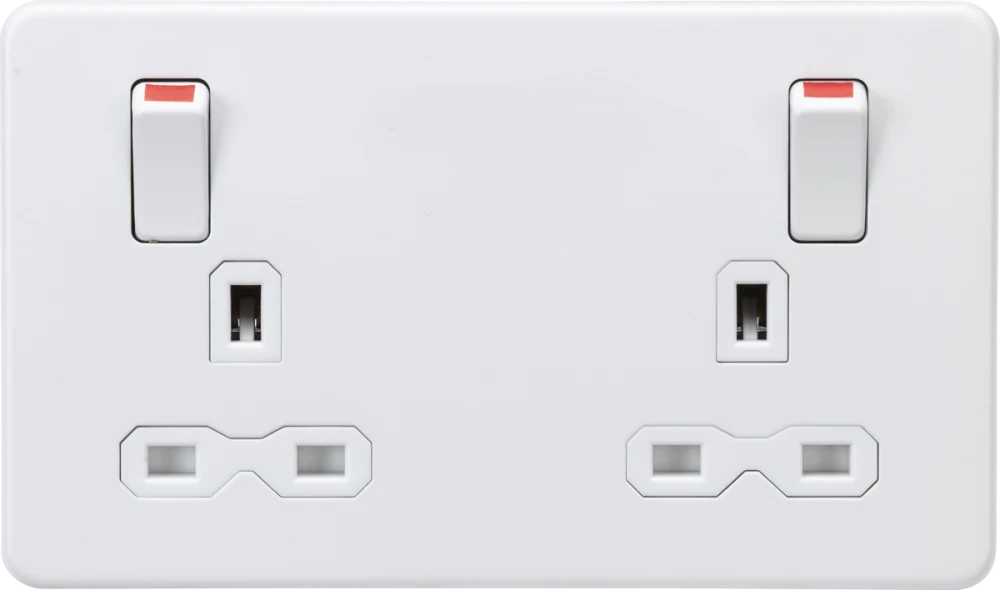 Knightsbridge | SFR9001MW | 13A 2G DP Switched Socket Metal Outboard Rockers with Red Flash | Matt White with White Insert 1 Knightsbridge SFR9001MW Switched Socket