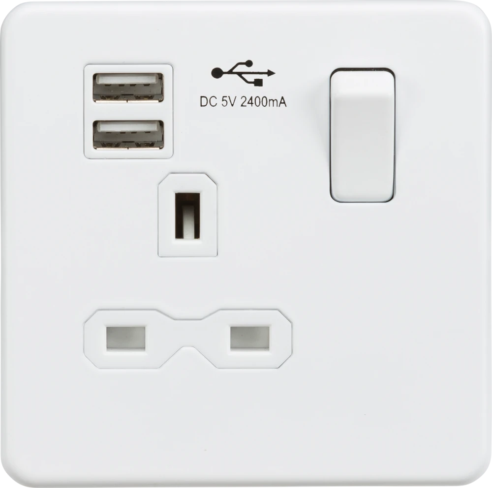 Knightsbridge | SFR9124MW | 13A 1G SP Switched Socket with Dual USB A+A (5V DC 2.4A shared) | Matt White with White Insert 1 Knightsbridge SFR9124MW USB Socket