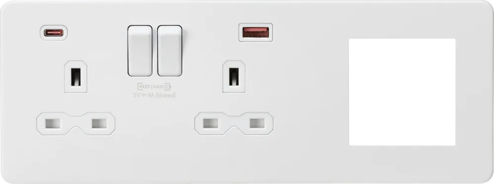 Knightsbridge | SFR992LMW | 13A 2G DP Socket +2G Modular + Dual USB A+C 12V DC 1.5A (Max. 18W) | Matt White with White Insert 1 Knightsbridge SFR992LMW USB Socket