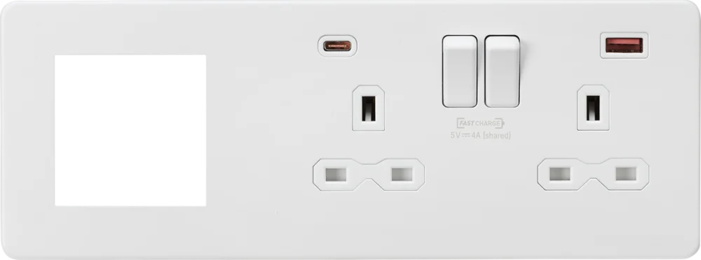 Knightsbridge | SFR992RMW | 13A 2G DP Socket +2G Modular + Dual USB A+C 12V DC 1.5A (Max. 18W) | Matt White with White Insert 1 Knightsbridge SFR992RMW USB Socket