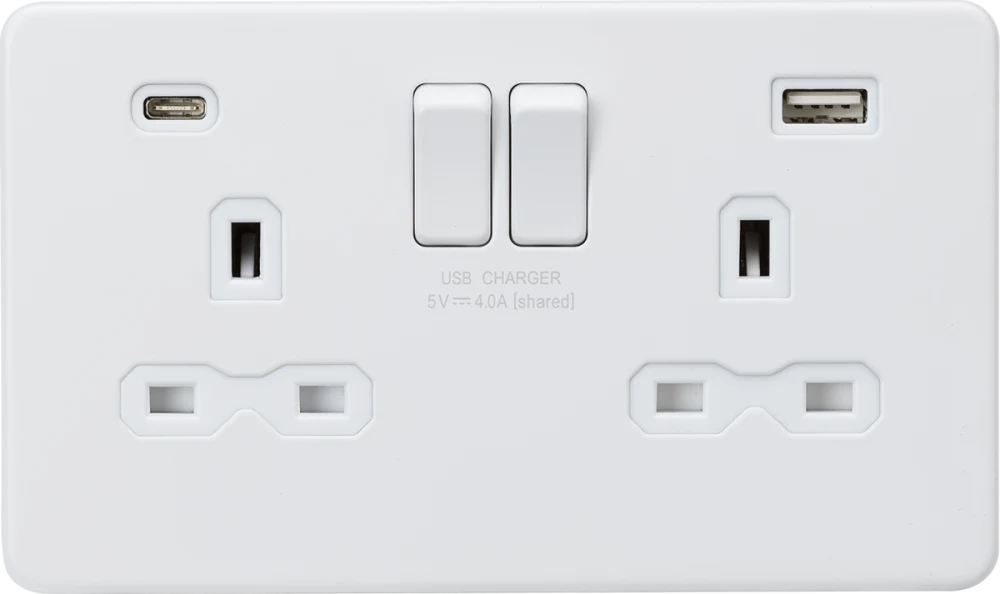 Knightsbridge | SFR9940MW | 13A 2G SP Switched Socket with Dual USB A+C (5V DC 4.0A shared) | Matt White with White Insert 1 Knightsbridge SFR9940MW USB Socket