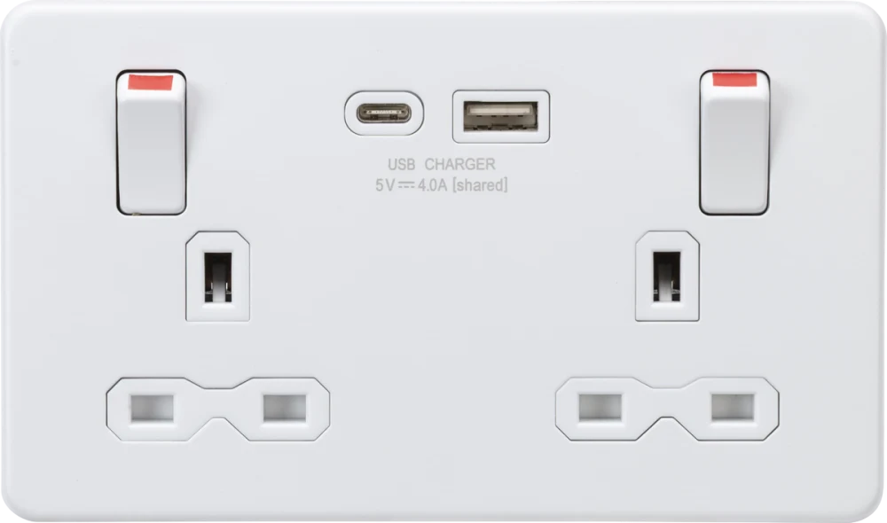 Knightsbridge | SFR9941MW | 13A 2G DP Socket Dual USB A+C Metal Outboard Rockers with Red Flash | Matt White with White Insert 1 Knightsbridge SFR9941MW USB Socket