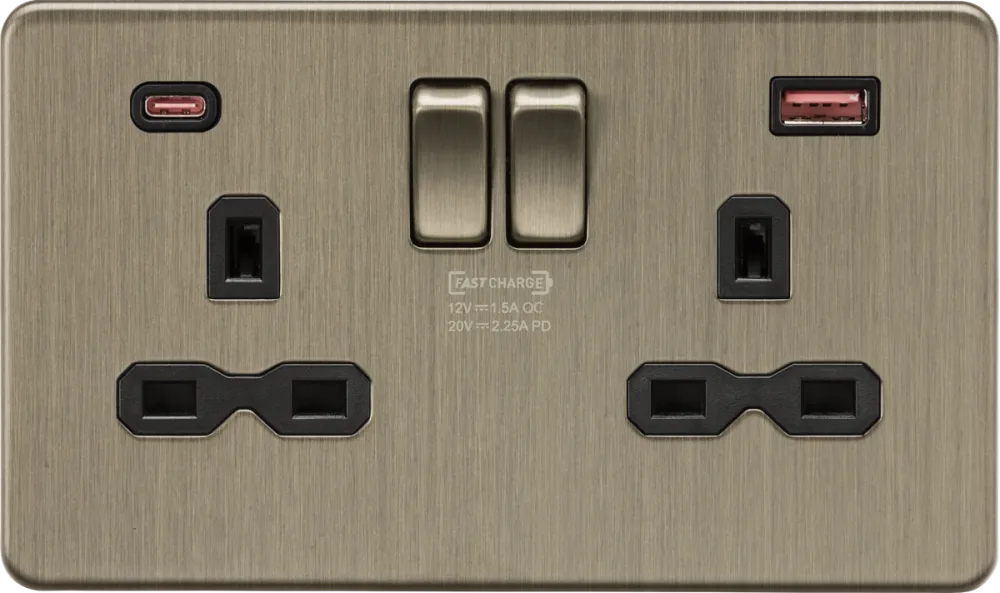 Knightsbridge | SFR9945AB | 13A 2G DP Switched Socket with Dual USB A+C 20V DC 2.25A (Max. 45W) | Antique Brass 1 Knightsbridge SFR9945AB 45W USB Socket