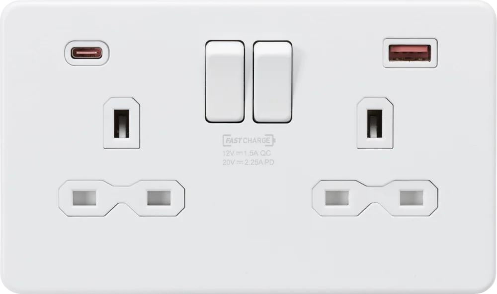 Knightsbridge | SFR9945MW | 13A 2G DP Switched Socket with Dual USB A+C 20V DC 2.25A (Max. 45W) | Matt White with White Insert 1 Knightsbridge SFR9945MW USB Socket