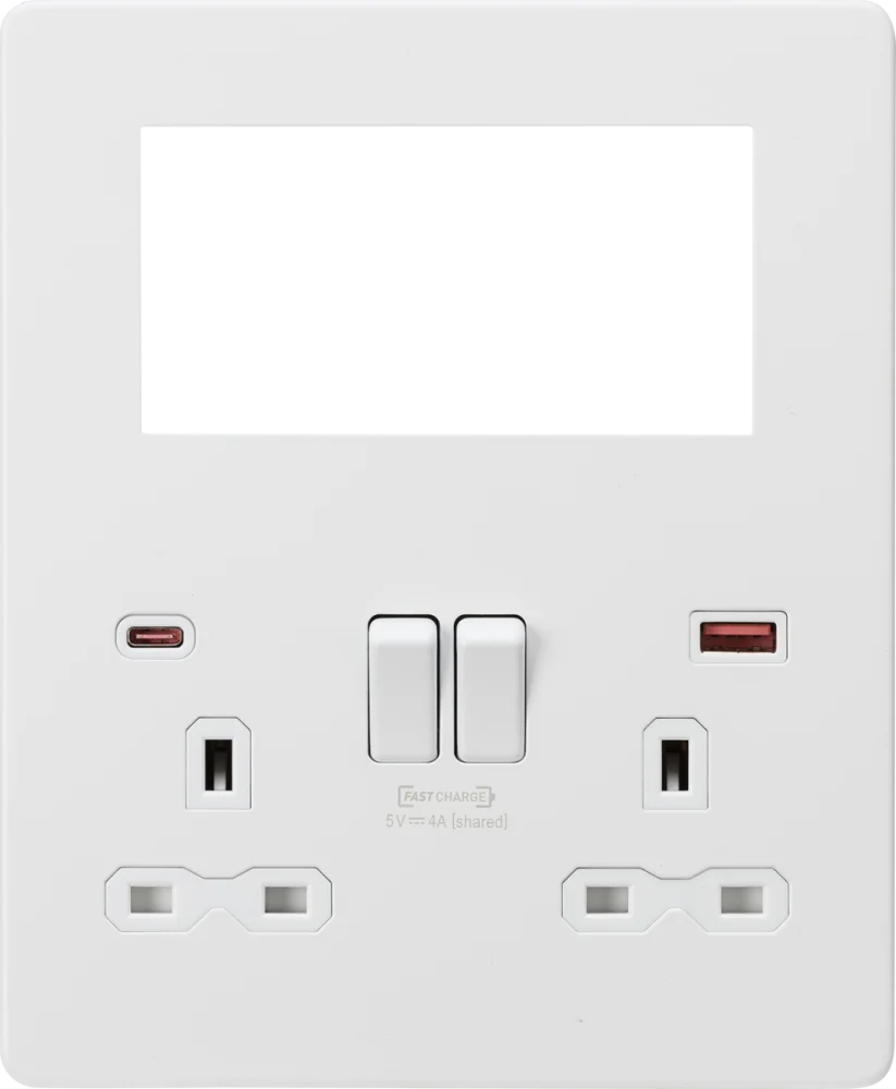 Knightsbridge | SFR994MW | Small Multimedia Combo Plate + Dual USB A+C 12V DC 1.5A (Max. 18W) | Matt White with White Insert 1 Knightsbridge SFR994MW USB Plate