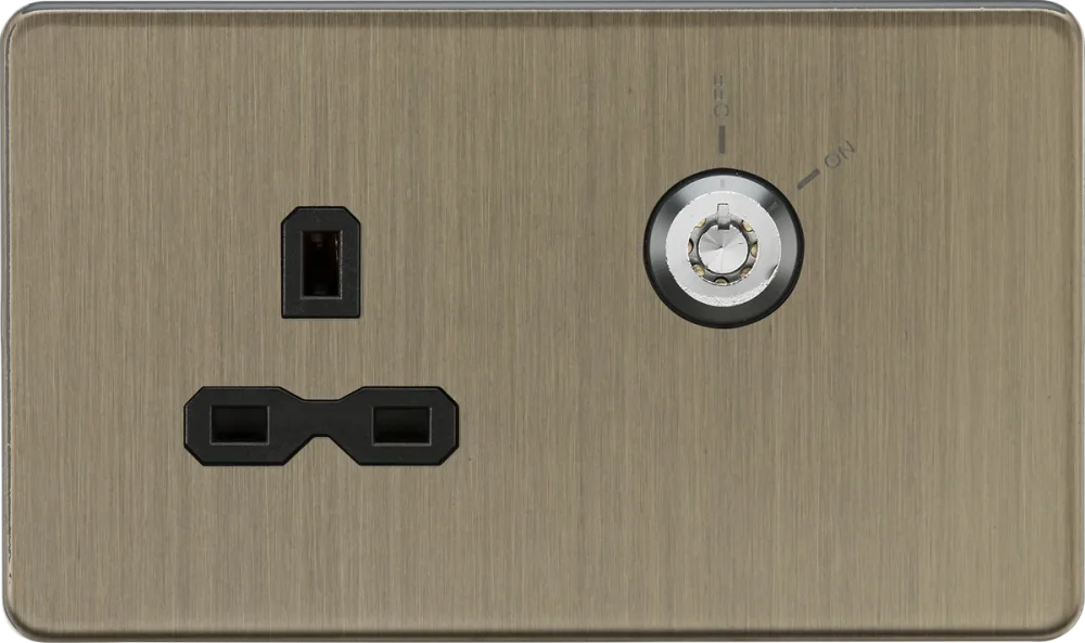 Knightsbridge | SFR9LOCKAB | 13A 1G DP Lockable Socket | Antique Brass with Black Insert 1 Knightsbridge SFR9LOCKAB Lockable Socket