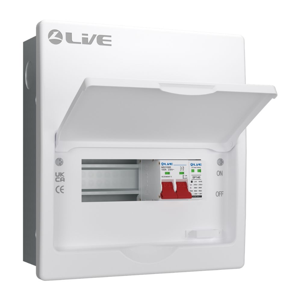 Live Electrical | FMC08S-SP | SRN | Flush Double Pole Busbar Consumer Unit | Type 2 SPD | 5 Way 1 Live Electrical FMC08S-SP SRN Flush Consumer Unit