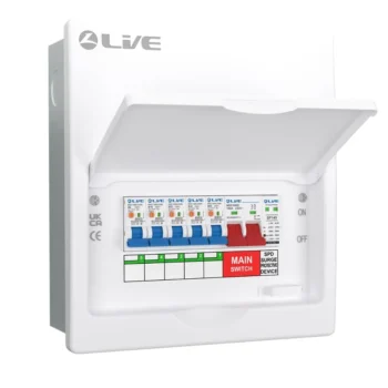 Live Electrical | FMC08SRN/100 | 5 Way Flush Metal Preconfigured Populated RCBO Consumer Unit | SPD | 5 x DP RCBOs