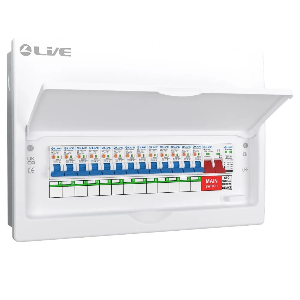 Live Electrical | FMC16SRN/100 | 16 Way Flush Metal Preconfigured Populated RCBO Consumer Unit | SPD | 13 x DP RCBOs 1 FMC16SRN/100 Flush Double Pole Busbar RCBO Consumer Unit