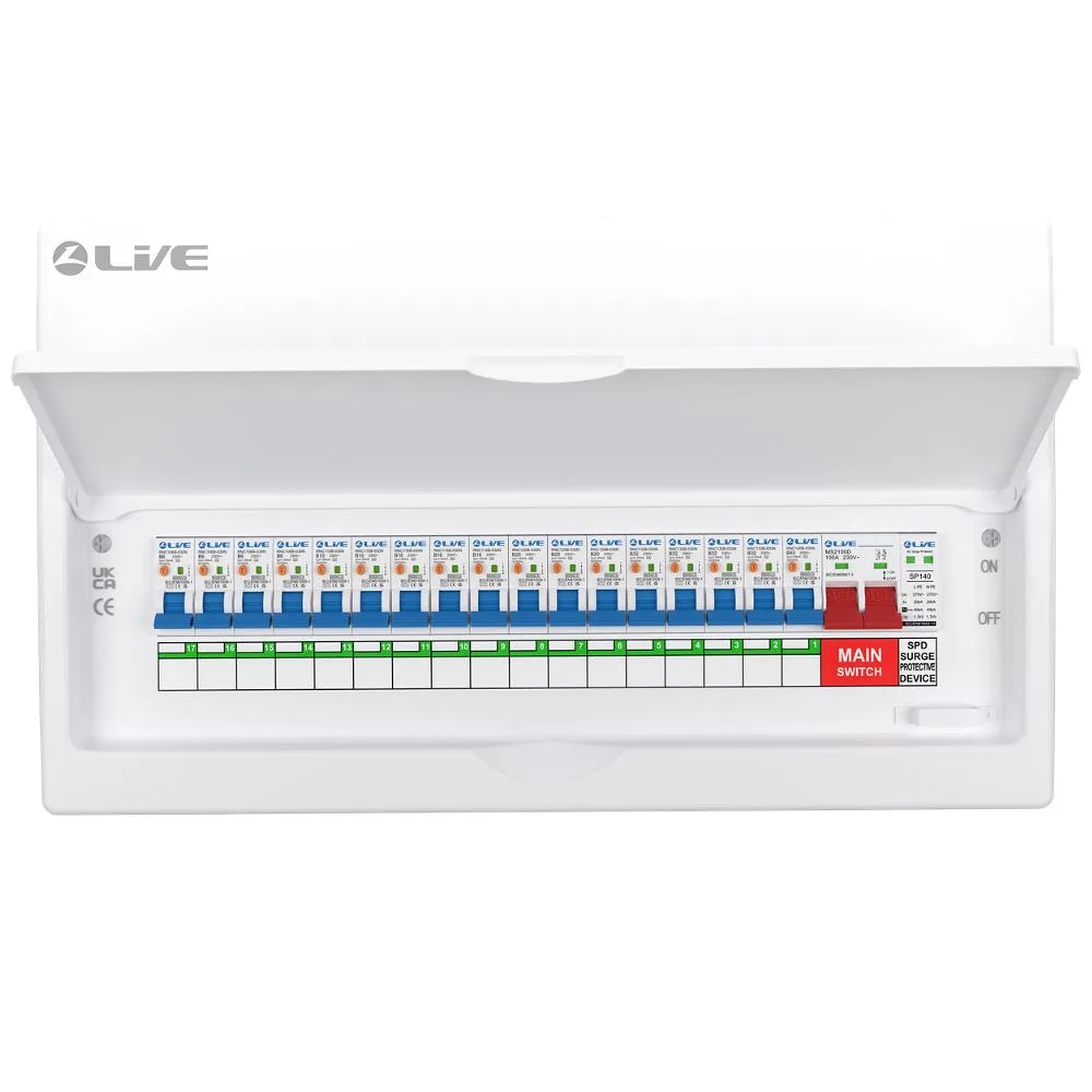 Live Electrical | FMC20SRN/100 | 17 Way Flush Metal Preconfigured Populated RCBO Consumer Unit | SPD | 17 x DP RCBOs 2 Live Electrical | FMC20SRN/100 | 20 Way Flush Metal Populated RCBO Consumer Unit | SPD | 17 x DP RCBOs