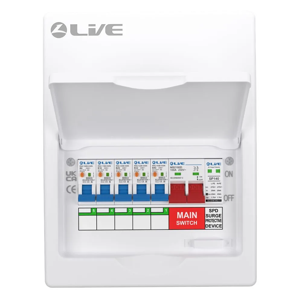 Live Electrical | LSMC08SRN/100 | 5 Way Metal Preconfigured Populated RCBO Consumer Unit | SPD | 5 x DP RCBOs 5 LSMC08SRN/100 RCBO Consumer Unit