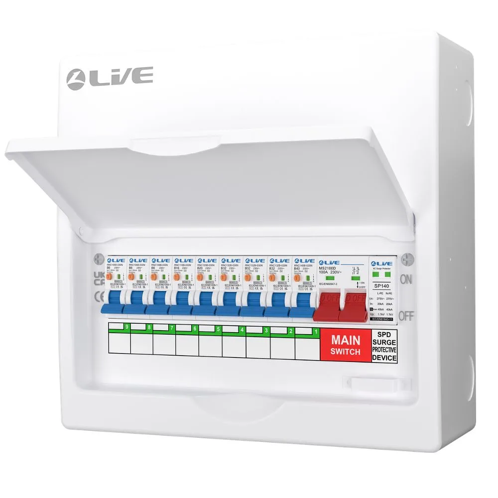 Live Electrical | LSMC12SRN/100 | 9 Way Metal Preconfigured Populated RCBO Consumer Unit | SPD | 9 x DP RCBOs 4 LSMC12SRN/100 RCBO Consumer Unit