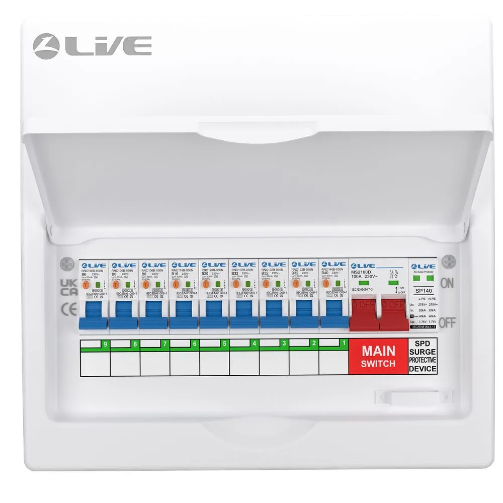 Live Electrical | LSMC12SRN/100 | 9 Way Metal Preconfigured Populated RCBO Consumer Unit | SPD | 9 x DP RCBOs 5 LSMC12SRN/100 RCBO Consumer Unit