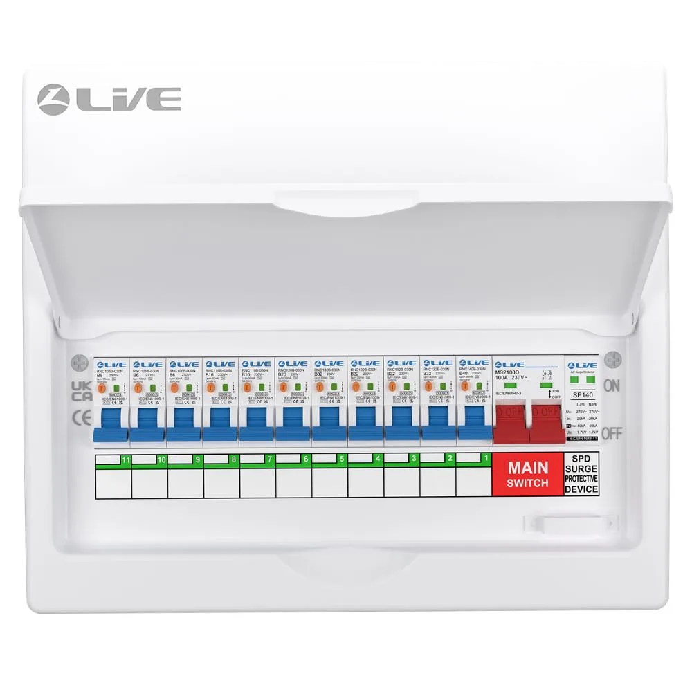 Live Electrical | LSMC14SRN/100 | 11 Way Metal Preconfigured Populated RCBO Consumer Unit | SPD | 11 x DP RCBOs 5 Live Electrical | LSMC14SRN/100 | 11 Way Metal Populated RCBO Consumer Unit | SPD | 11 x DP RCBOs