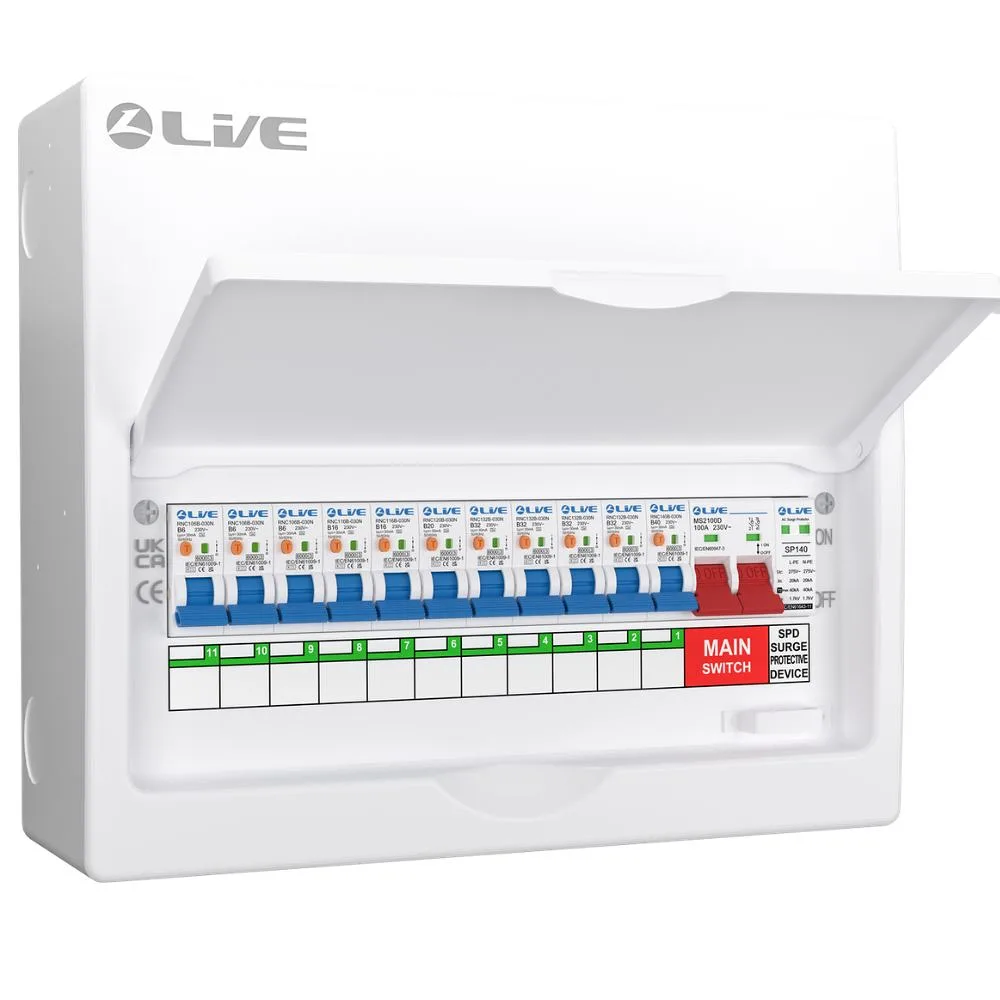 Live Electrical | LSMC14SRN/100 | 11 Way Metal Preconfigured Populated RCBO Consumer Unit | SPD | 11 x DP RCBOs 1 Live Electrical | LSMC14SRN/100 | 11 Way Metal Preconfigured Populated RCBO Consumer Unit | SPD | 11 x DP RCBOs
