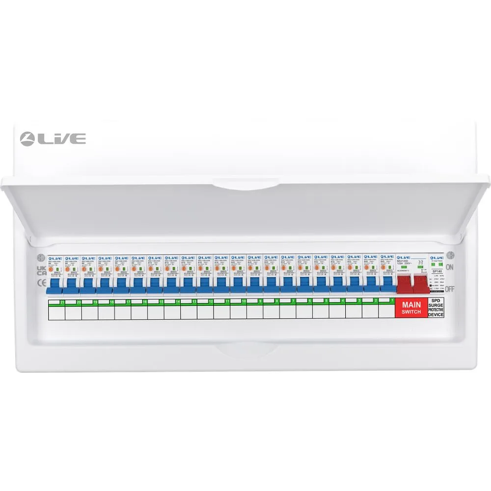 Live Electrical | LSMC24SRN/125 | 21 Way Metal Preconfigured Populated RCBO Consumer Unit | SPD | 21 x DP RCBOs 5 Live Electrical | LSMC24SRN/125 | 21 Way Metal Preconfigured Populated RCBO Consumer Unit | SPD | 21 x DP RCBOs