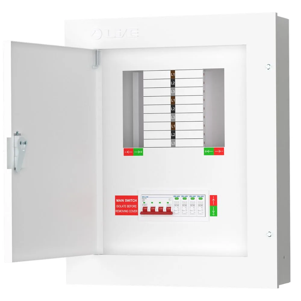 Live Electrical | TPN06-125S | 125A TP&N Distribution Board | 4P Main Switch | Type 2 SPD | 6 Way 1 Live Electrical 125 Amp 6 Way SPD TPN Distribution Board