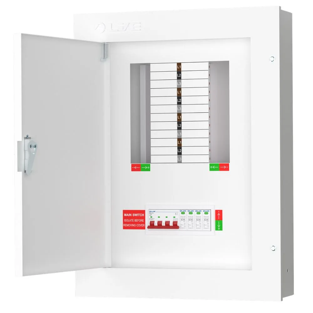Live Electrical | TPN08-125S | 125A TP&N Distribution Board | 4P Main Switch | Type 2 SPD | 8 Way 1 Live Electrical 125A 8 Way TPN Distribution Board SPD