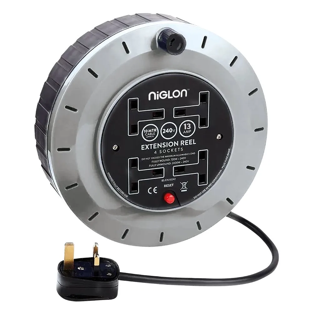 Niglon | NCR41013 | 10m Cassette Cable Reel | 4 Socket | 13A 1 Niglon NCR41013 10m Cable Reel
