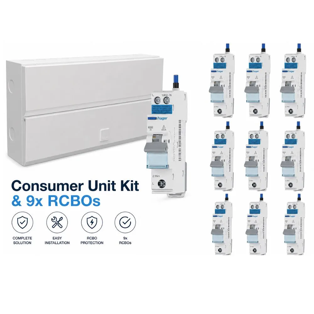 Hager | VME113SPD | Design Evo Consumer Unit Kit | Type 2 SPD | 13 Way | 9 RCBOs 1 Hager VME113SPD Consumer Unit Kit